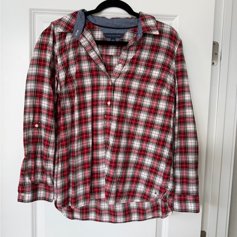 Tommy Hilfiger Red and White Plaid Button-Down Shirt